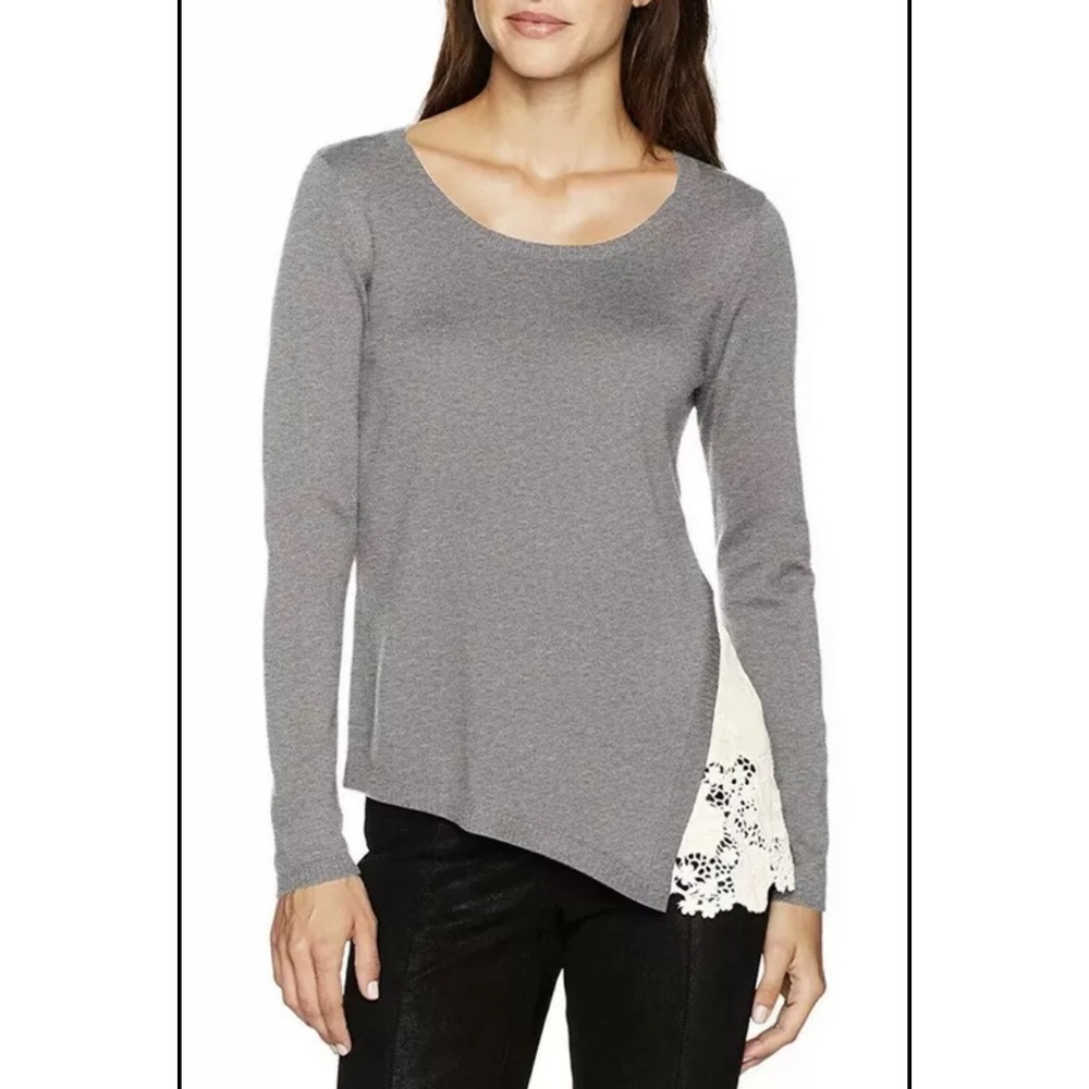 kensie Women's Grey White Size M Eyelet Lace Side Soft Sweater NWT
